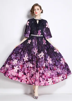 Robe plissée florale haut de gamme à perles et boutons imprimés, meilleure vente 2024