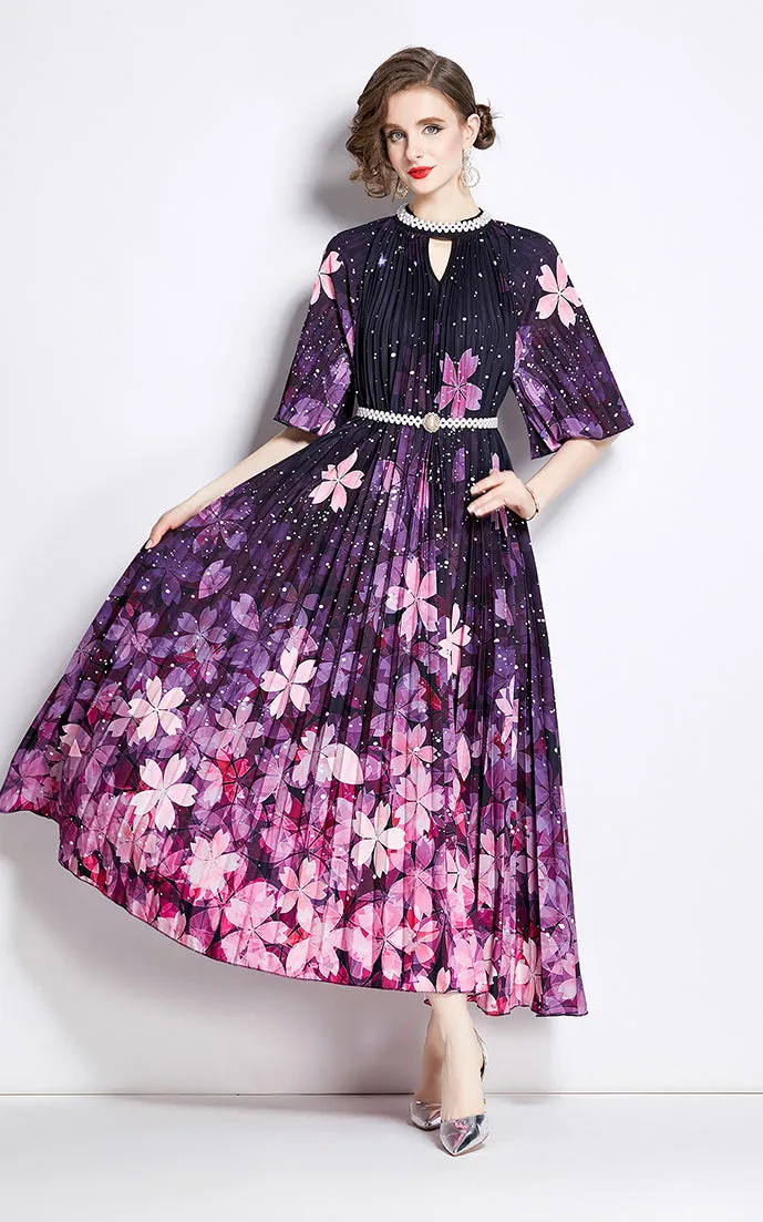 Robe plissée florale haut de gamme à perles et boutons imprimés, meilleure vente 2024