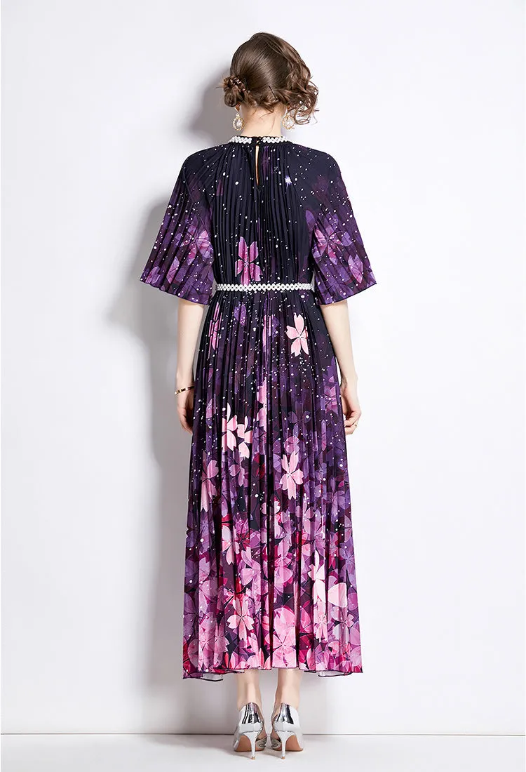 Robe plissée florale haut de gamme à perles et boutons imprimés, meilleure vente 2024