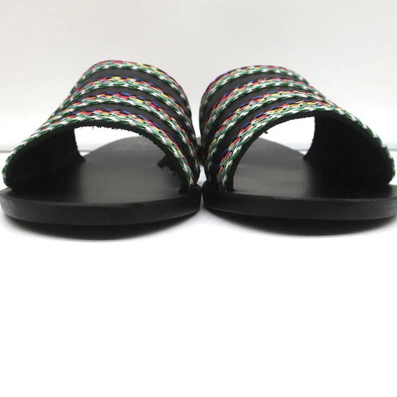 Sandales Grecques Antiques Taygete Slides en Cuir Noir avec Garniture en Rafia Taille 38 NEUVE