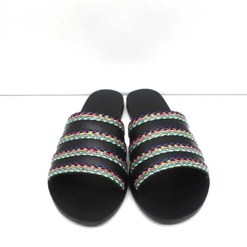 Sandales Grecques Antiques Taygete Slides en Cuir Noir avec Garniture en Rafia Taille 38 NEUVE
