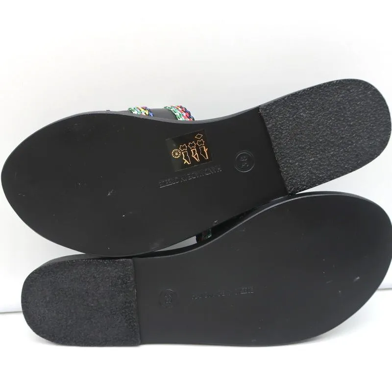 Sandales Grecques Antiques Taygete Slides en Cuir Noir avec Garniture en Rafia Taille 38 NEUVE