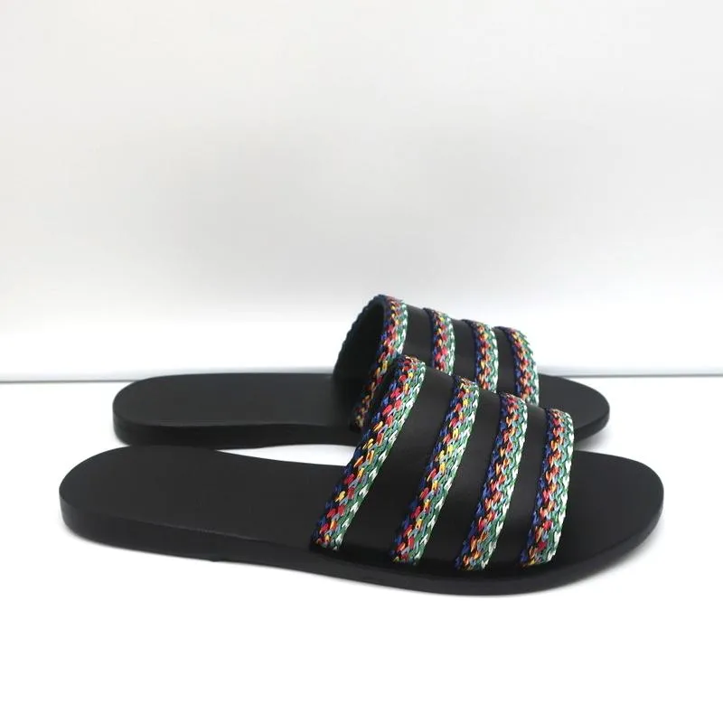 Sandales Grecques Antiques Taygete Slides en Cuir Noir avec Garniture en Rafia Taille 38 NEUVE