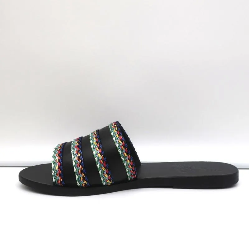 Sandales Grecques Antiques Taygete Slides en Cuir Noir avec Garniture en Rafia Taille 38 NEUVE