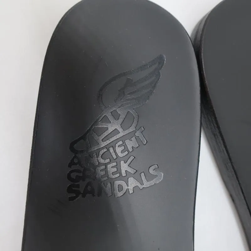Sandales Grecques Antiques Taygete Slides en Cuir Noir avec Garniture en Rafia Taille 38 NEUVE