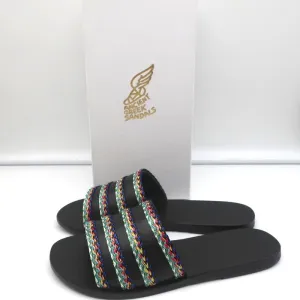 Sandales Grecques Antiques Taygete Slides en Cuir Noir avec Garniture en Rafia Taille 38 NEUVE