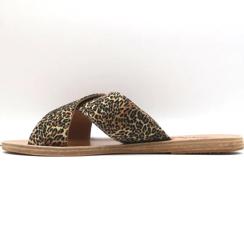 Sandales Grecques Antiques Thais à Lanières Entrecroisées Imprimé Léopard Satin Taille 38 NEUF