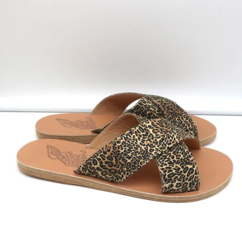 Sandales Grecques Antiques Thais à Lanières Entrecroisées Imprimé Léopard Satin Taille 38 NEUF