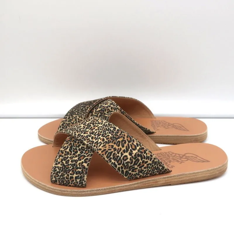 Sandales Grecques Antiques Thais à Lanières Entrecroisées Imprimé Léopard Satin Taille 38 NEUF