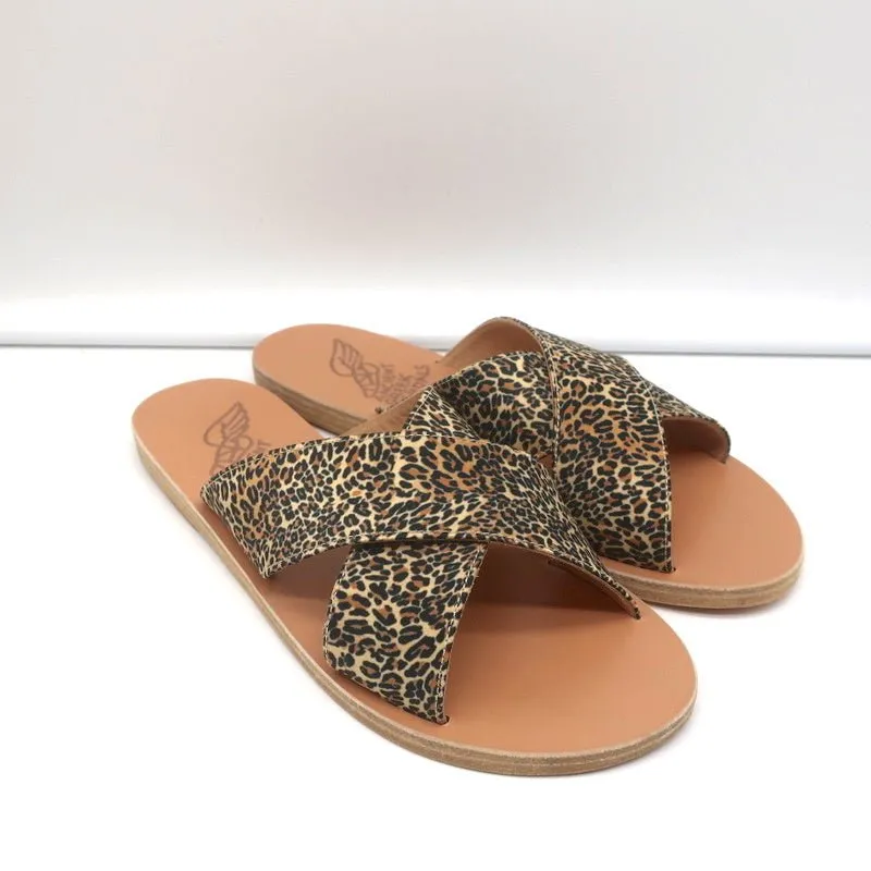 Sandales Grecques Antiques Thais à Lanières Entrecroisées Imprimé Léopard Satin Taille 38 NEUF