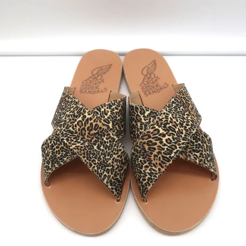 Sandales Grecques Antiques Thais à Lanières Entrecroisées Imprimé Léopard Satin Taille 38 NEUF