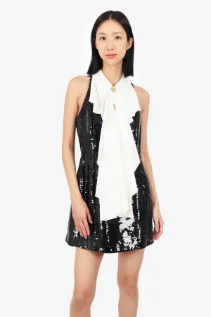 Robe mini sequinée Balmain noir/blanc avec panneau à volants taille 38