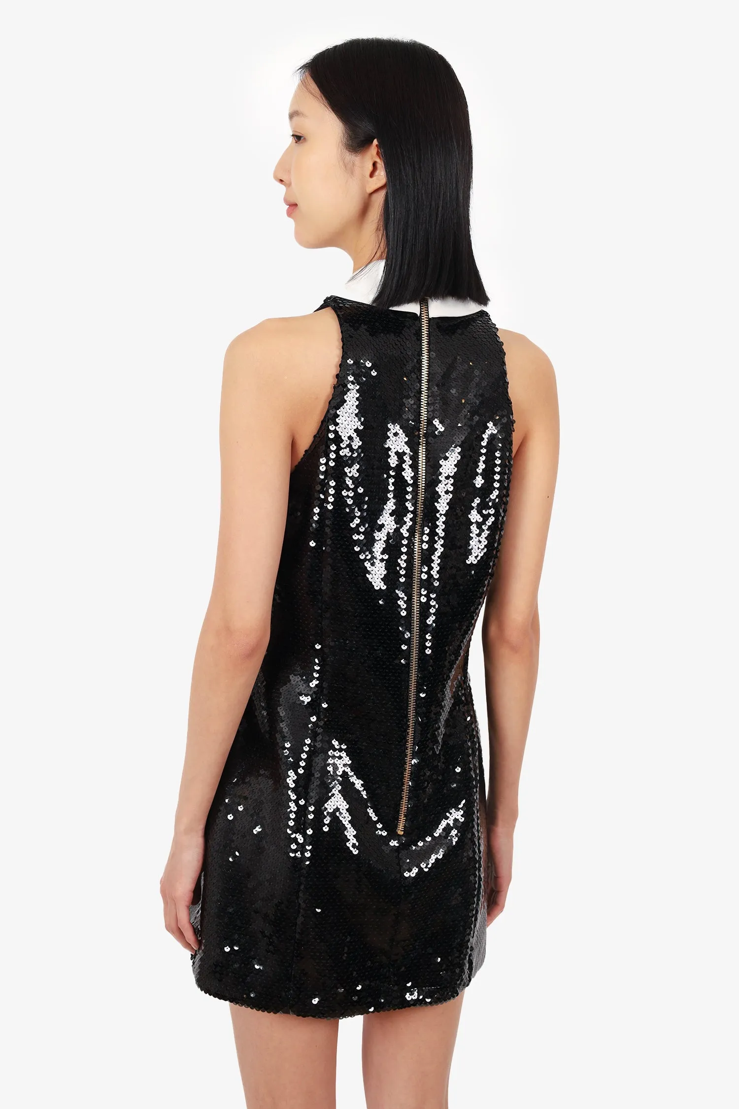 Robe mini sequinée Balmain noir/blanc avec panneau à volants taille 38