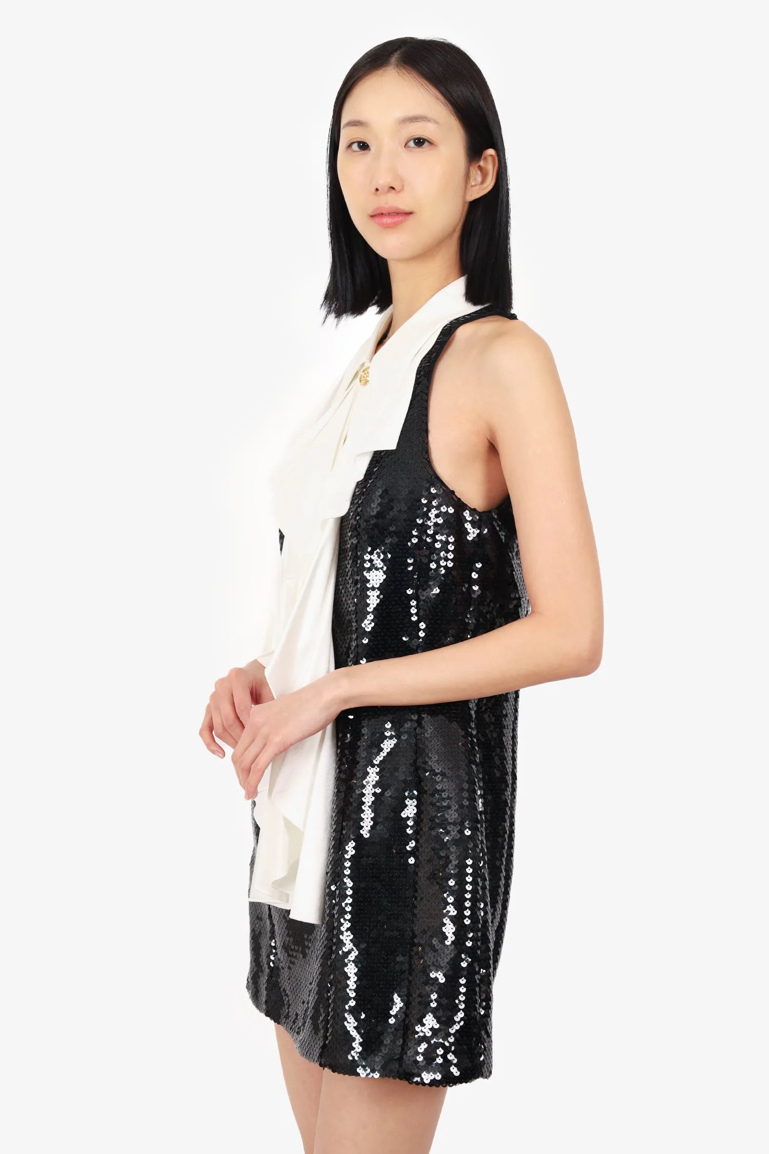 Robe mini sequinée Balmain noir/blanc avec panneau à volants taille 38