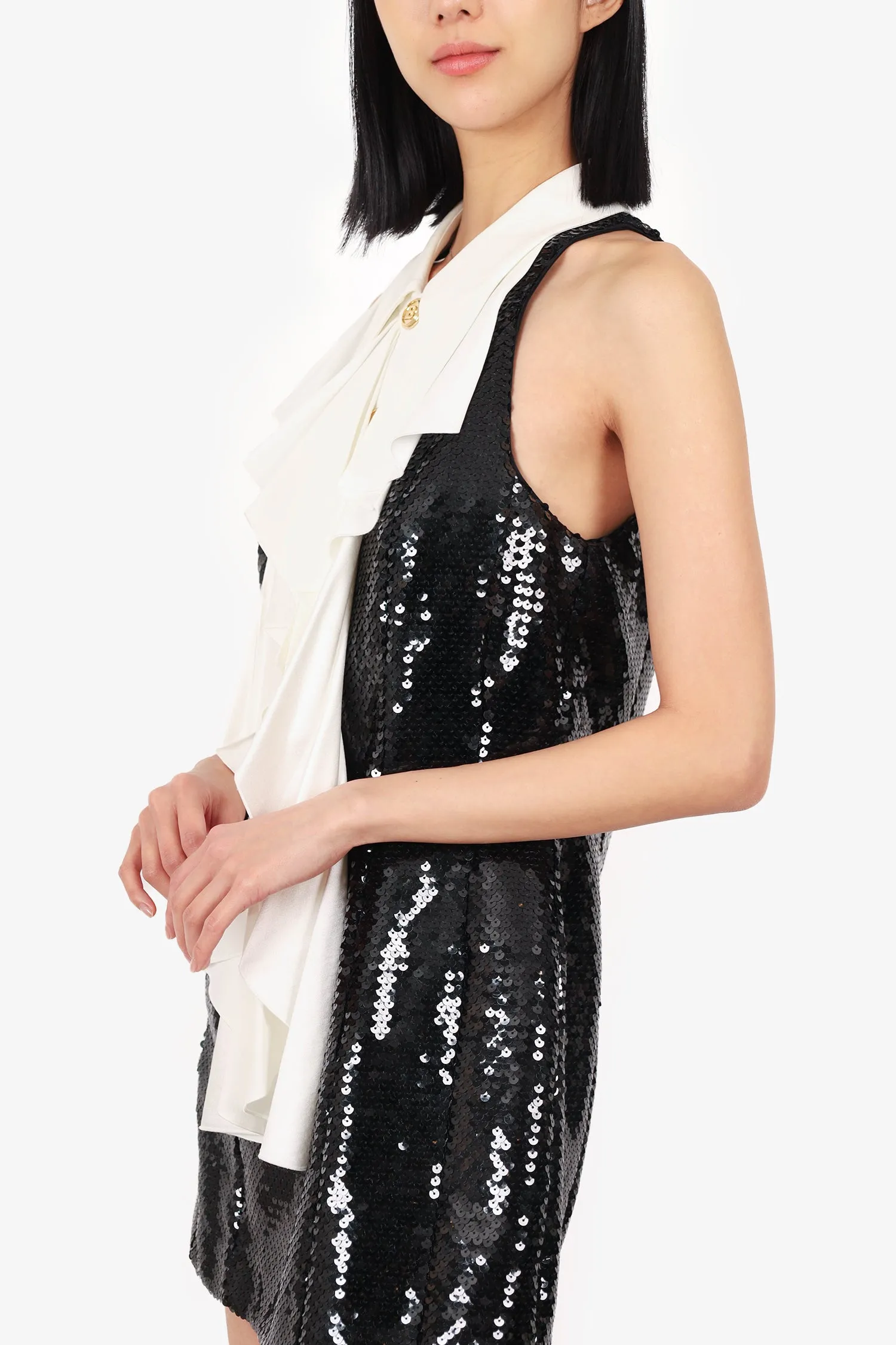 Robe mini sequinée Balmain noir/blanc avec panneau à volants taille 38
