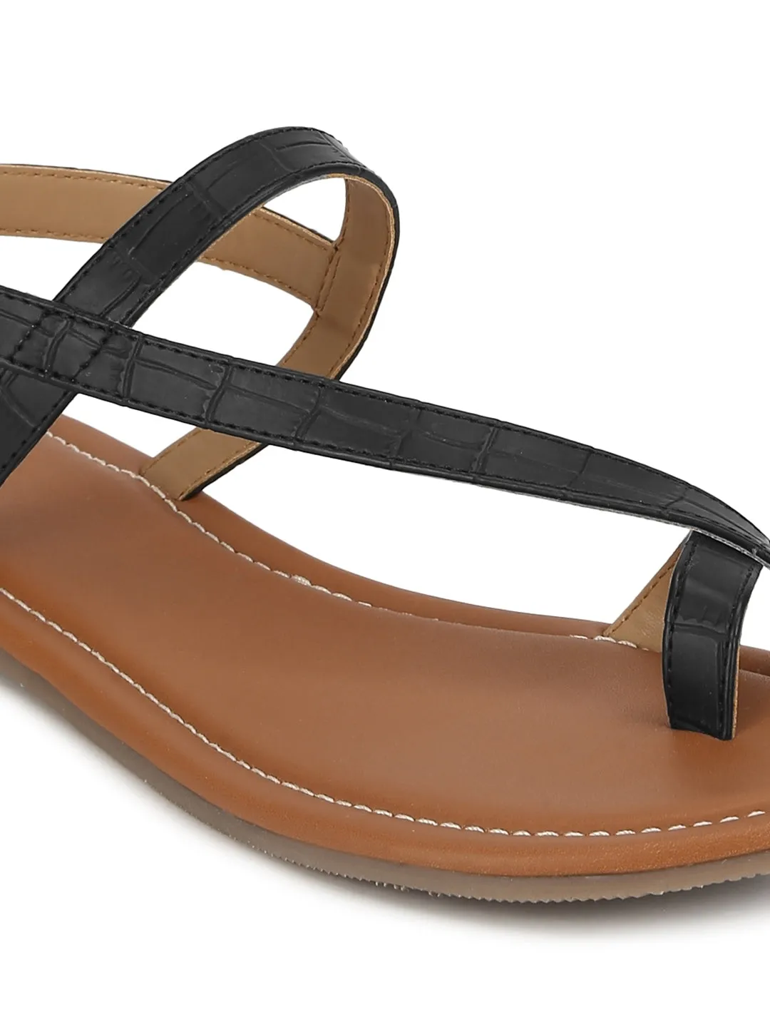 Sandales plates en PU imitation crocodile à lanière noire à la cheville