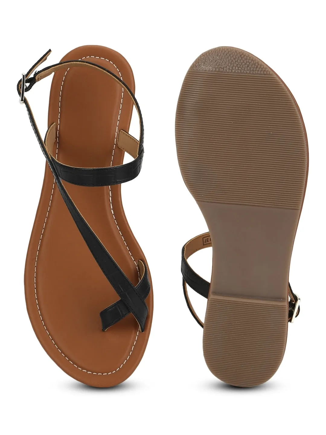 Sandales plates en PU imitation crocodile à lanière noire à la cheville