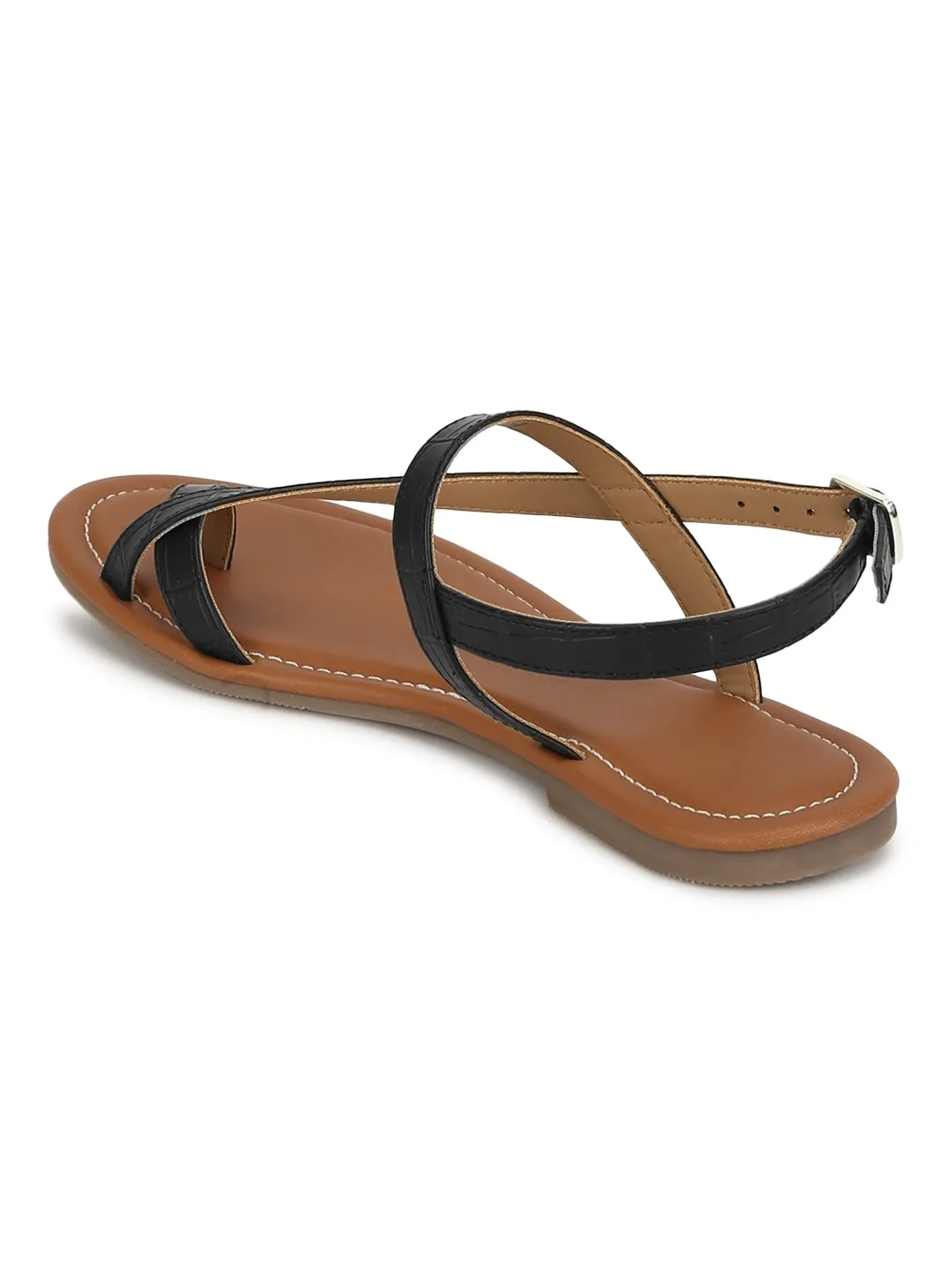 Sandales plates en PU imitation crocodile à lanière noire à la cheville