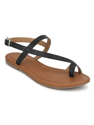 Sandales plates en PU imitation crocodile à lanière noire à la cheville