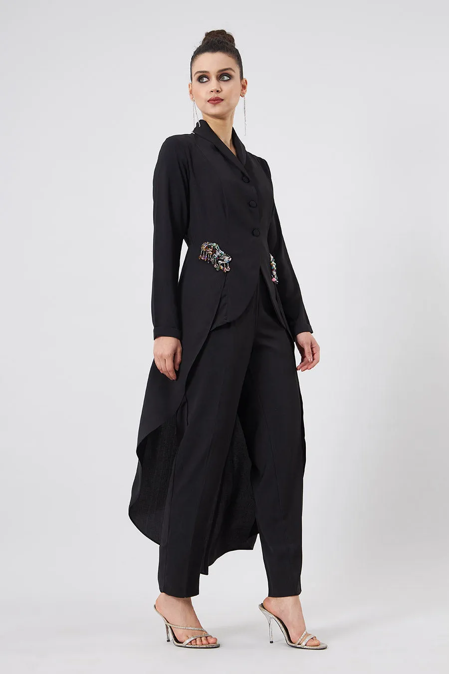 Ensemble Coordonné Veste Tunique et Pantalon en Cristal Noir