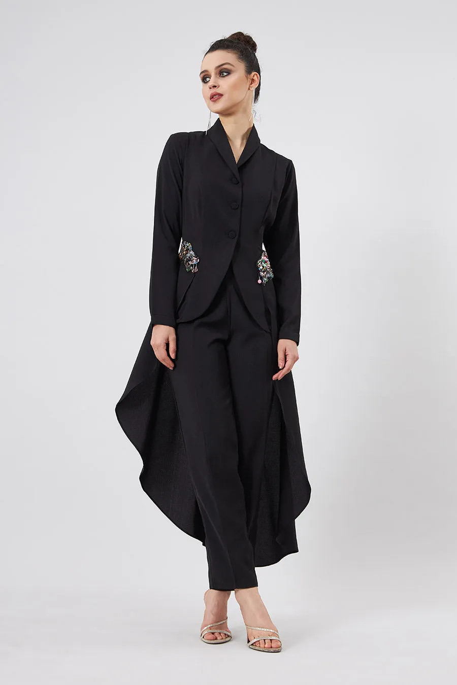 Ensemble Coordonné Veste Tunique et Pantalon en Cristal Noir