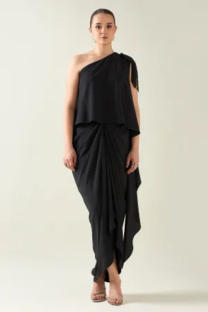 Robe drapée asymétrique ornée de cristaux noirs
