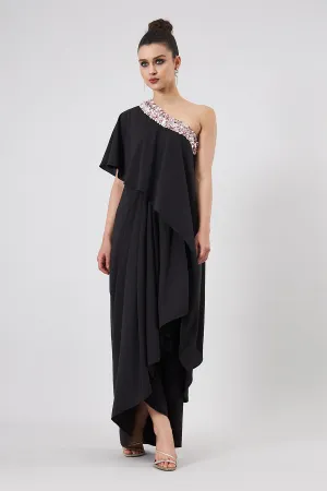 Robe drapée asymétrique brodée noire