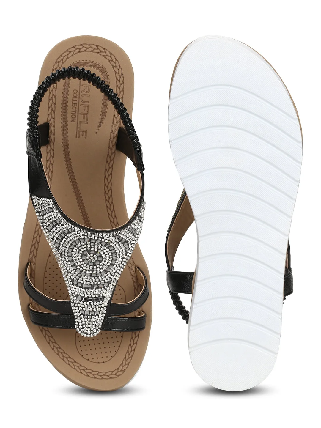 Sandales à enfiler plateforme à double bride noires PU avec strass