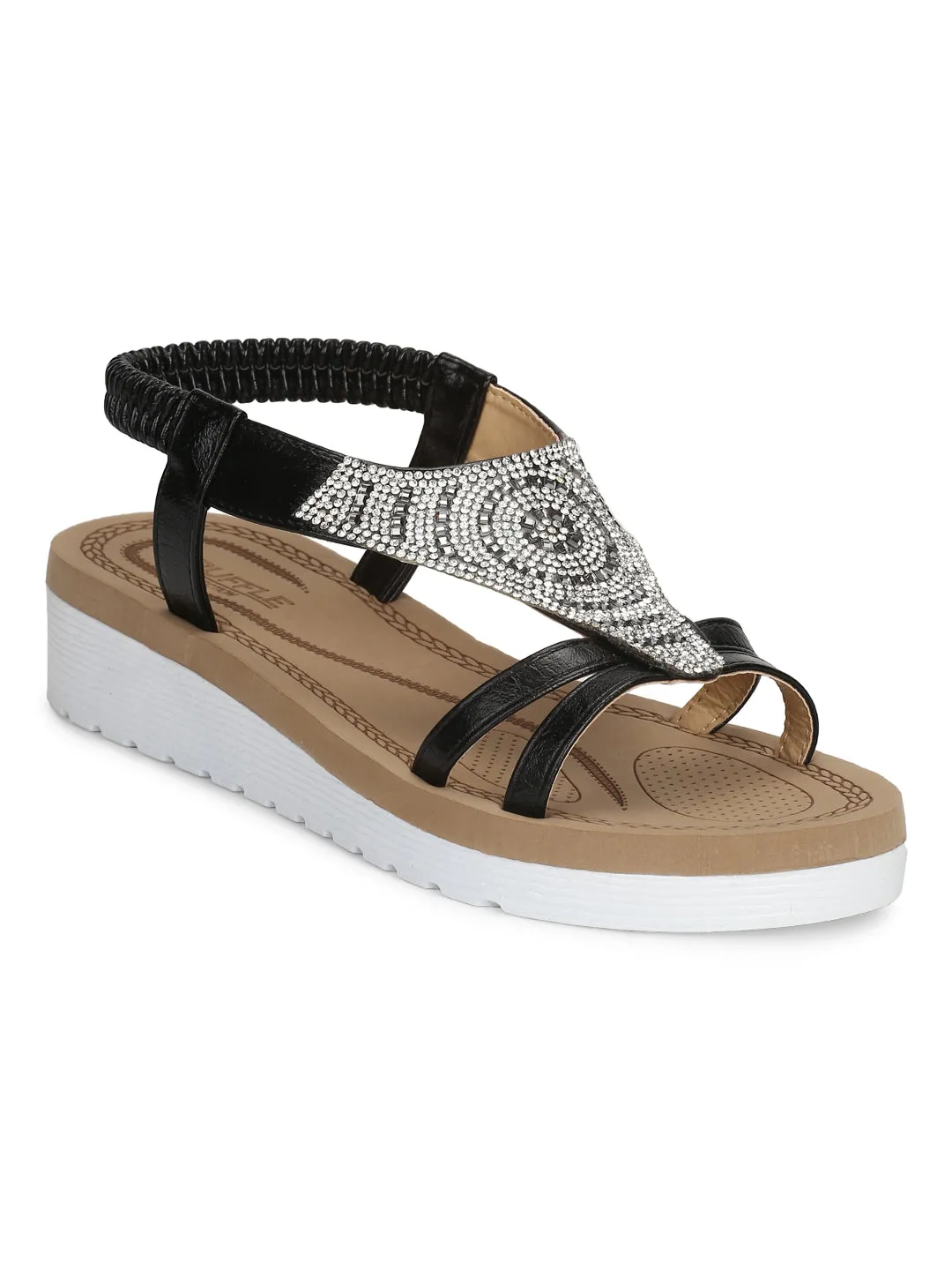 Sandales à enfiler plateforme à double bride noires PU avec strass