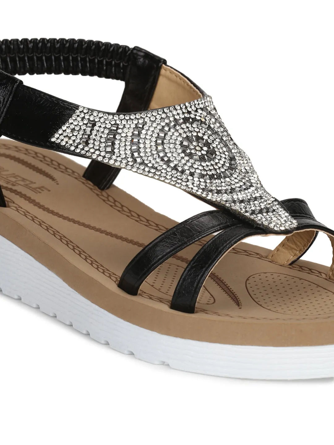 Sandales à enfiler plateforme à double bride noires PU avec strass