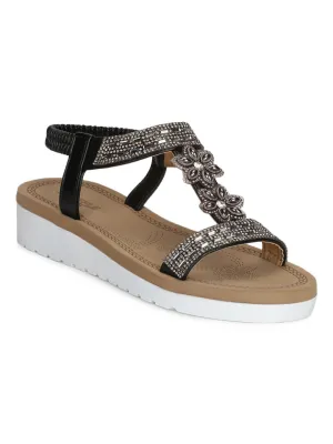 Sandales Mules à Plateforme en PU Noir avec Strass