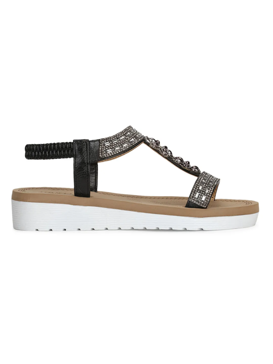 Sandales Mules à Plateforme en PU Noir avec Strass