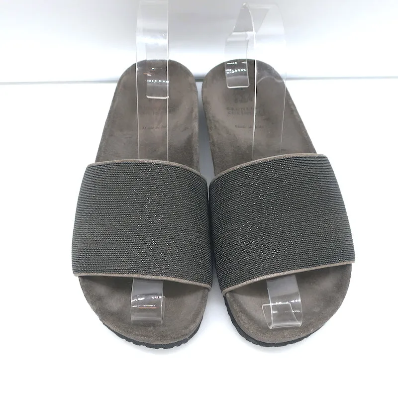 Brunello Cucinelli Sandales à Glissière Monili Suède Gris Foncé Taille 37 NEUVE