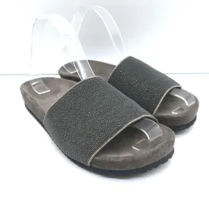 Brunello Cucinelli Sandales à Glissière Monili Suède Gris Foncé Taille 37 NEUVE