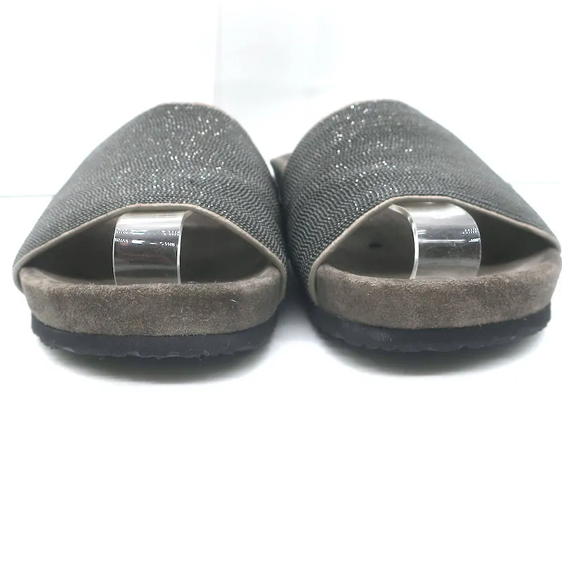 Brunello Cucinelli Sandales à Glissière Monili Suède Gris Foncé Taille 37 NEUVE