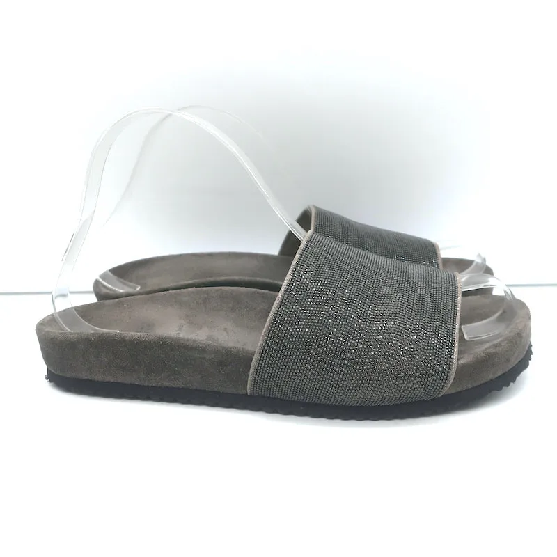 Brunello Cucinelli Sandales à Glissière Monili Suède Gris Foncé Taille 37 NEUVE