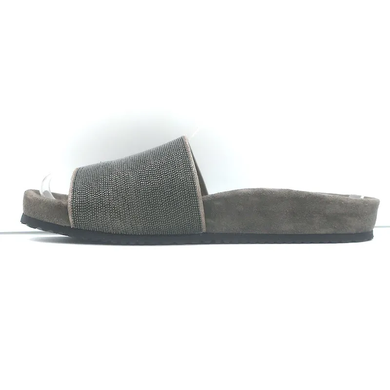 Brunello Cucinelli Sandales à Glissière Monili Suède Gris Foncé Taille 37 NEUVE