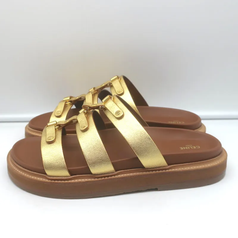 Celine Tippi Triomphe Sandales à Glissière en Cuir Métallisé Or Taille 40 NEUVE