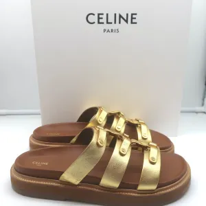 Celine Tippi Triomphe Sandales à Glissière en Cuir Métallisé Or Taille 40 NEUVE