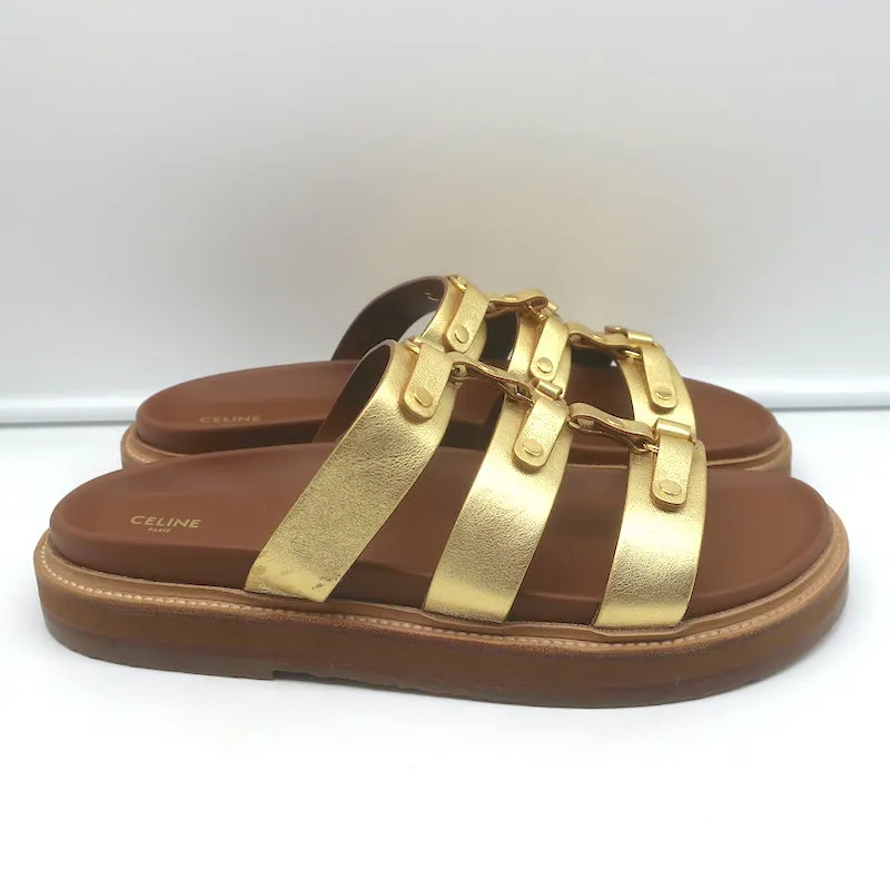 Celine Tippi Triomphe Sandales à Glissière en Cuir Métallisé Or Taille 40 NEUVE