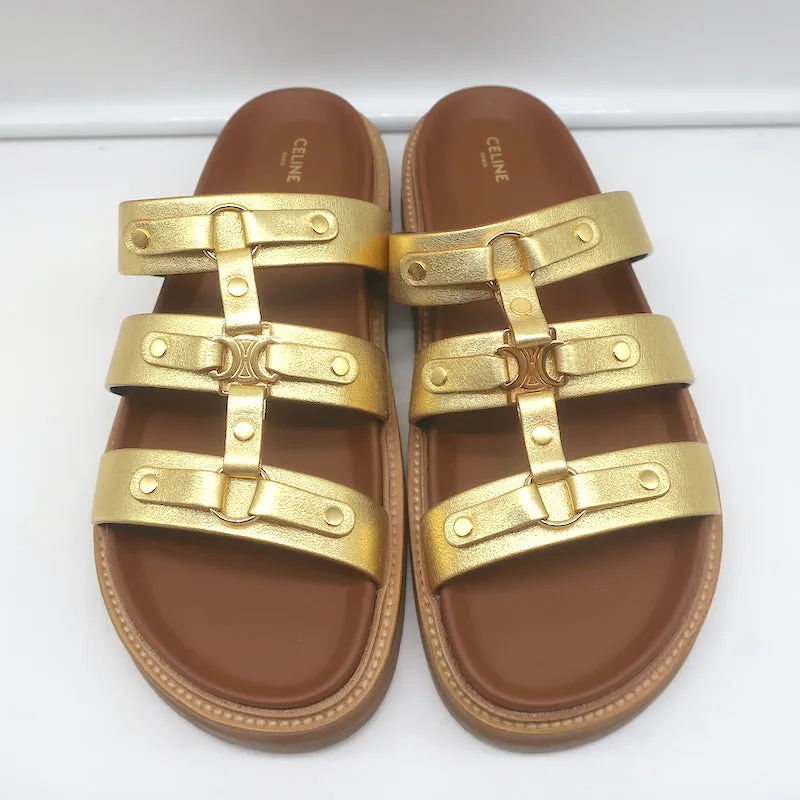 Celine Tippi Triomphe Sandales à Glissière en Cuir Métallisé Or Taille 40 NEUVE