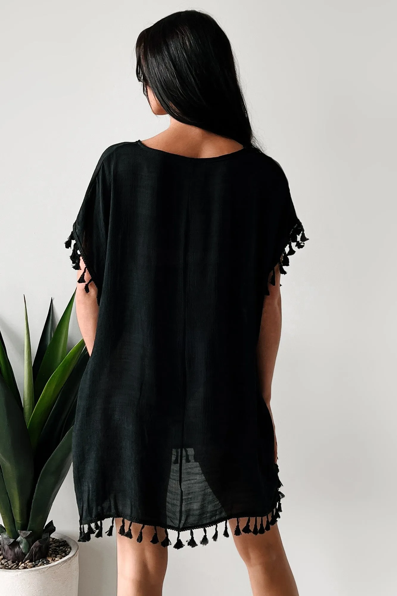 Pullover décontracté à franges avec robe couvrance (Noir)