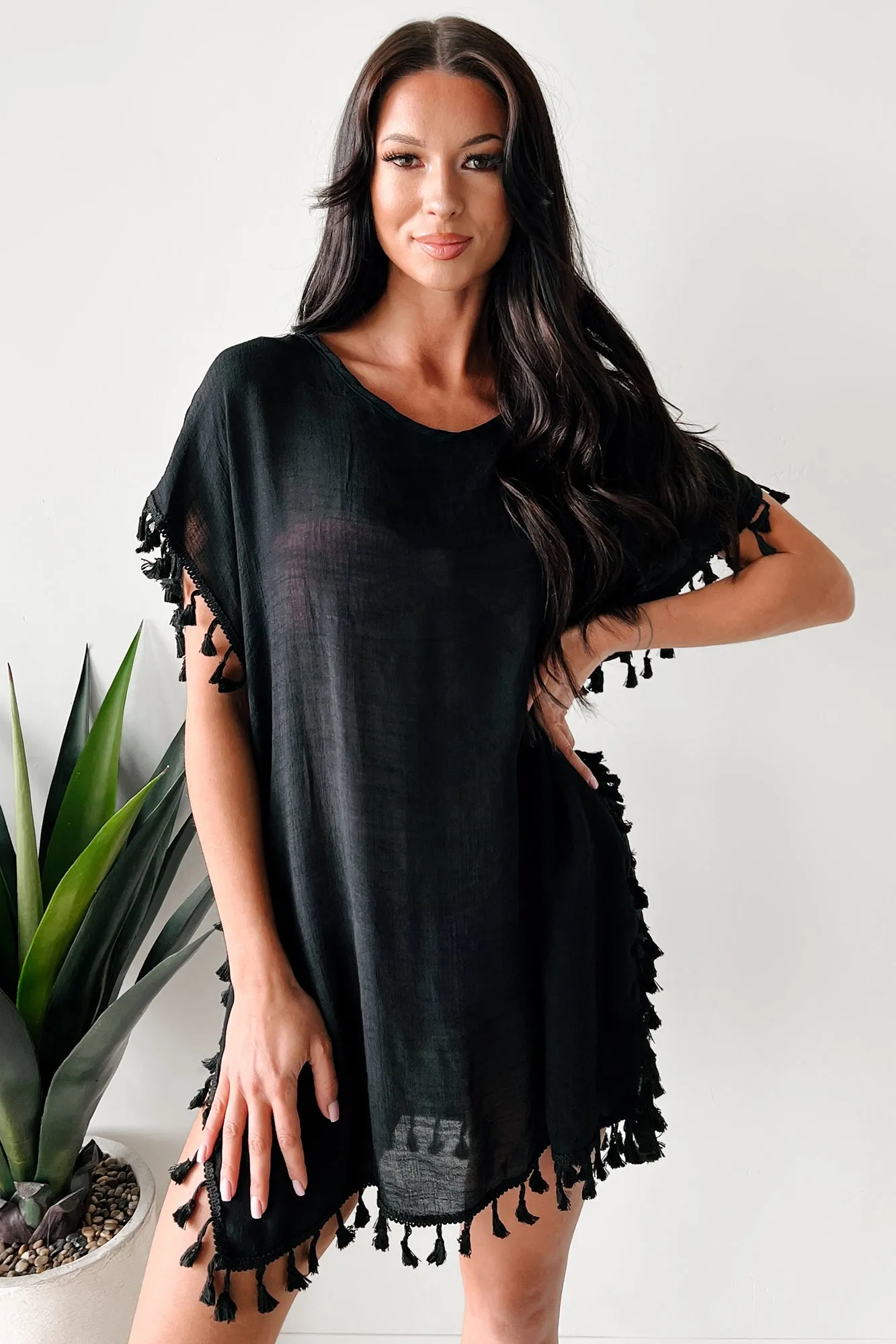 Pullover décontracté à franges avec robe couvrance (Noir)
