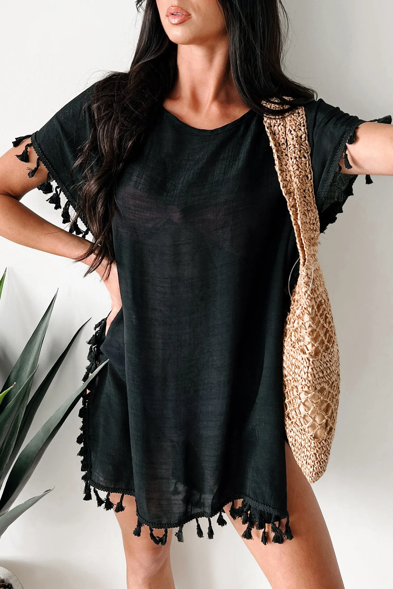 Pullover décontracté à franges avec robe couvrance (Noir)