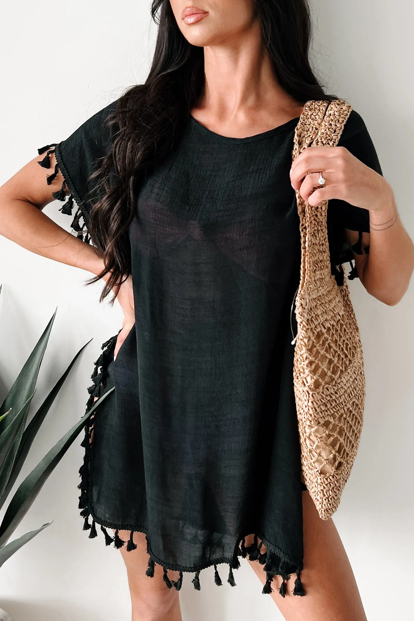 Pullover décontracté à franges avec robe couvrance (Noir)