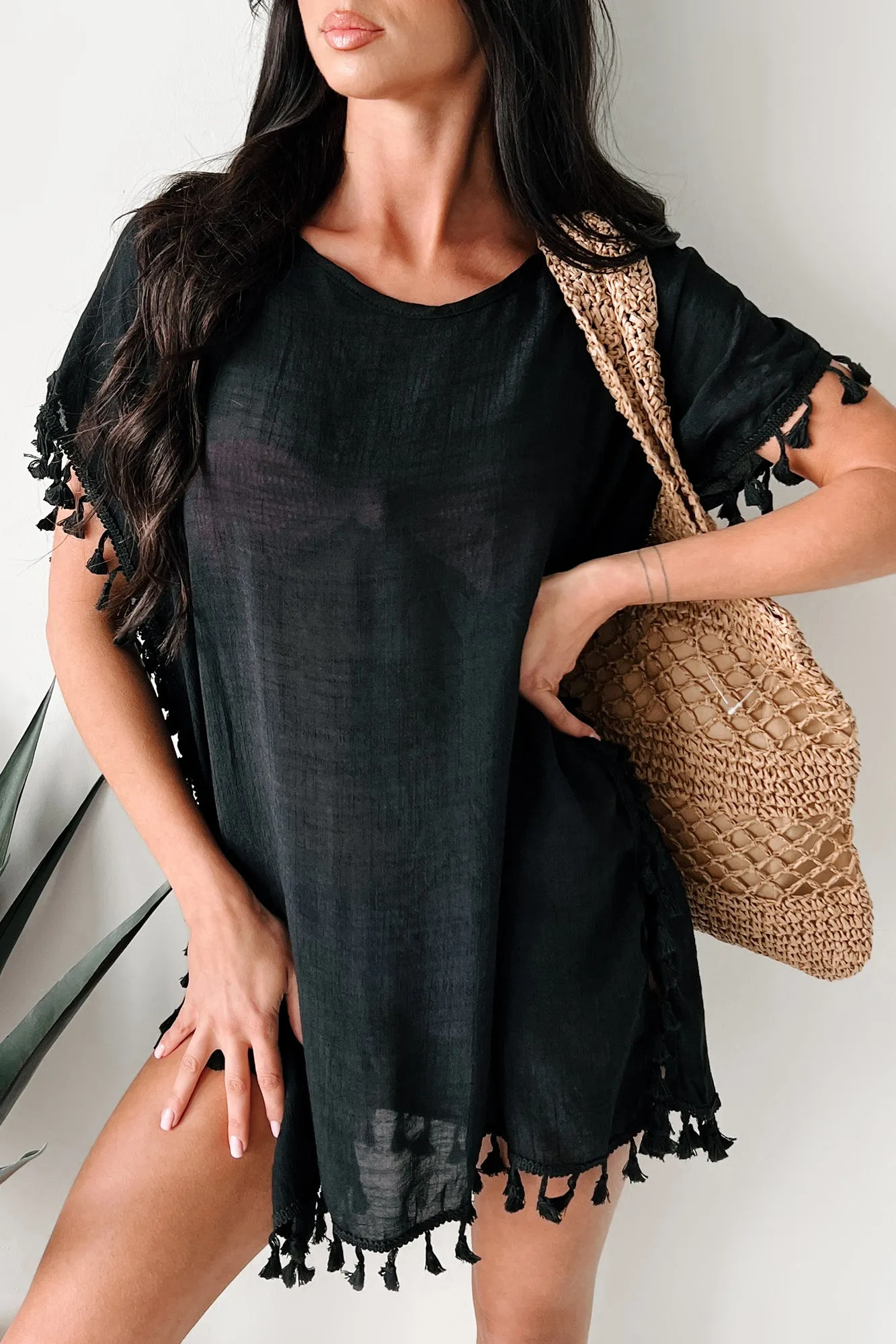 Pullover décontracté à franges avec robe couvrance (Noir)