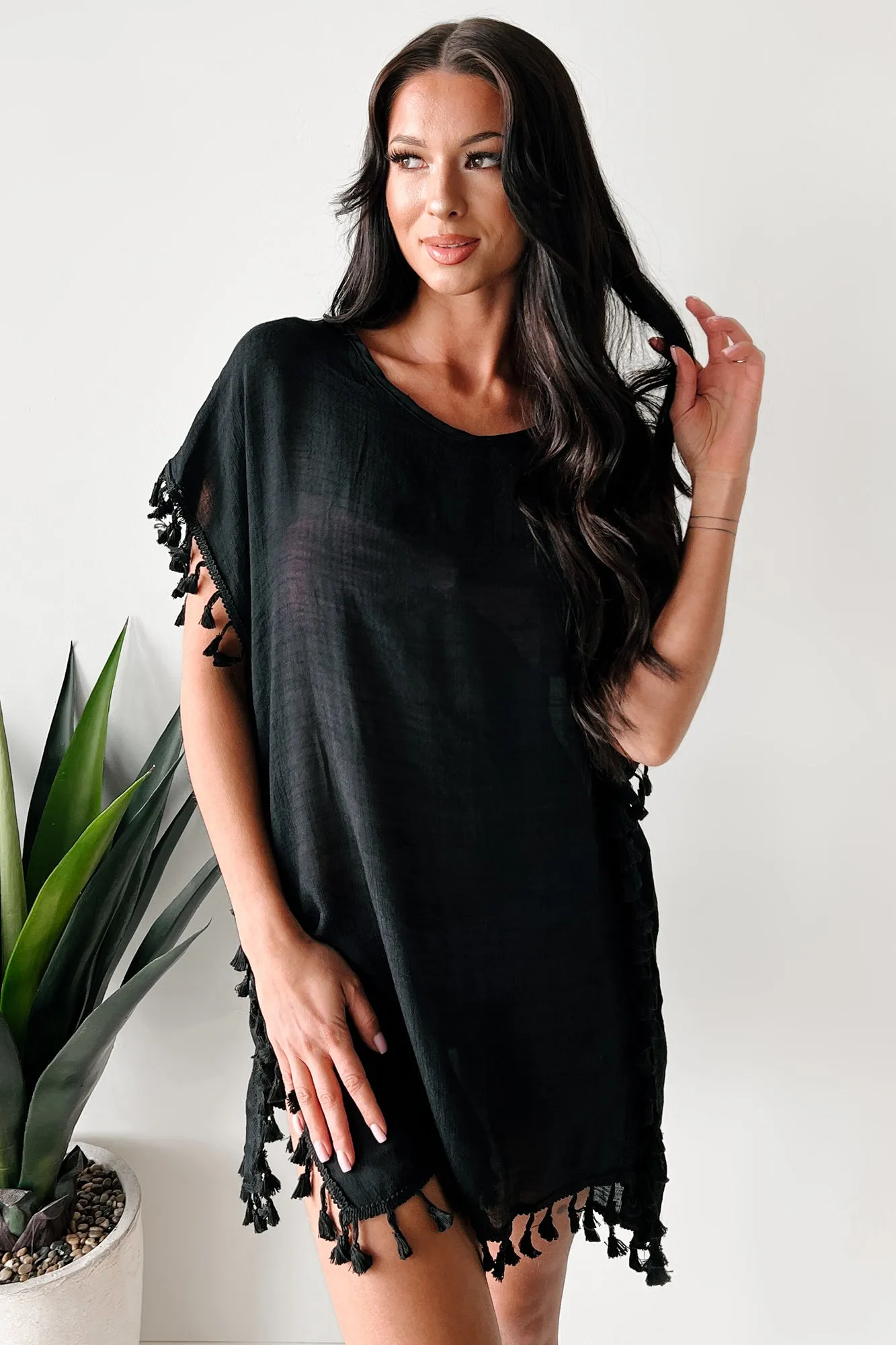 Pullover décontracté à franges avec robe couvrance (Noir)