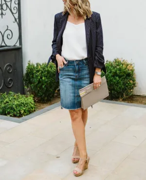 Jupe en denim à ourlet dégradé Connie Step en bleu