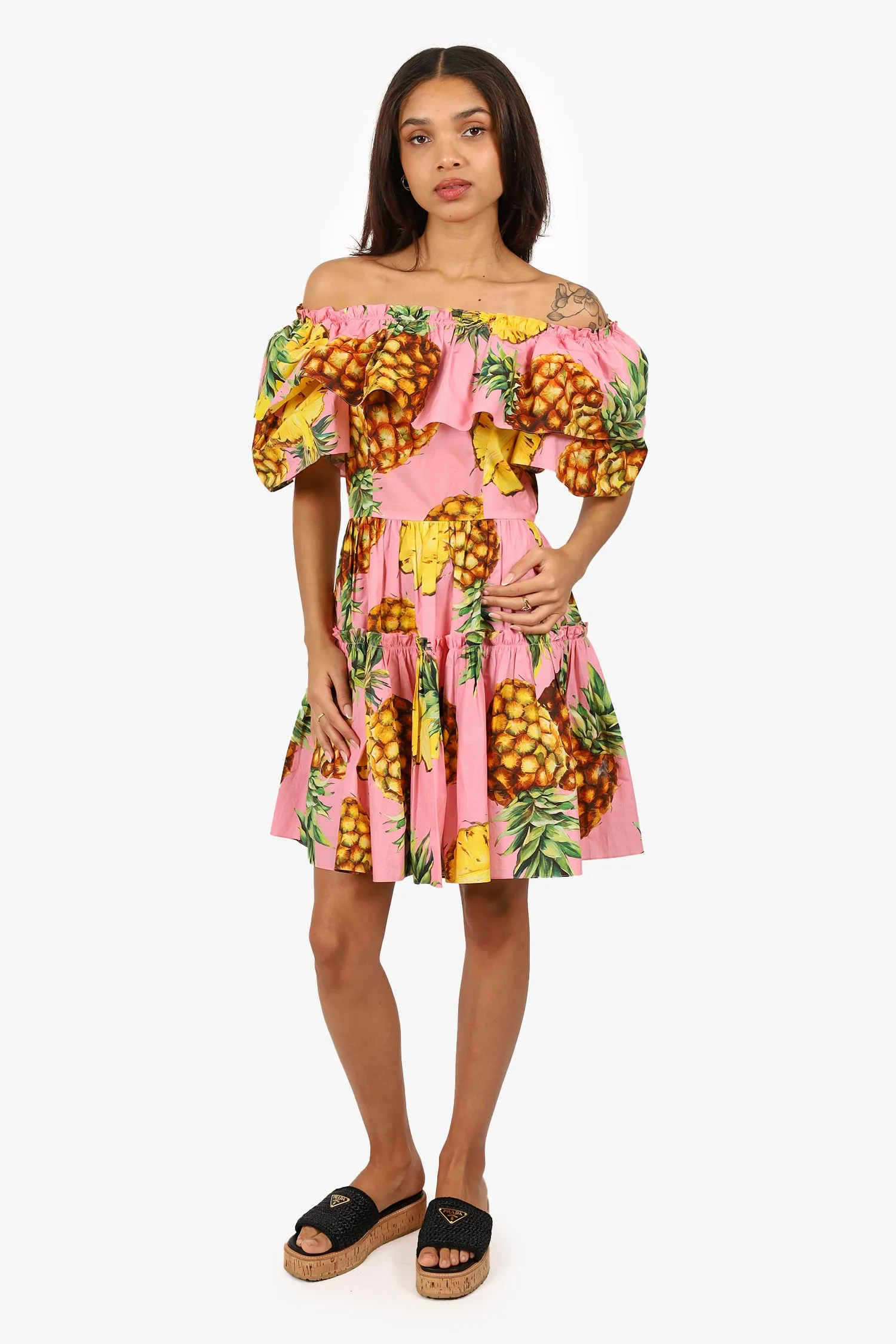 Dolce & Gabbana Robe à manches volantées imprimée ananas rose/jaune taille 40
