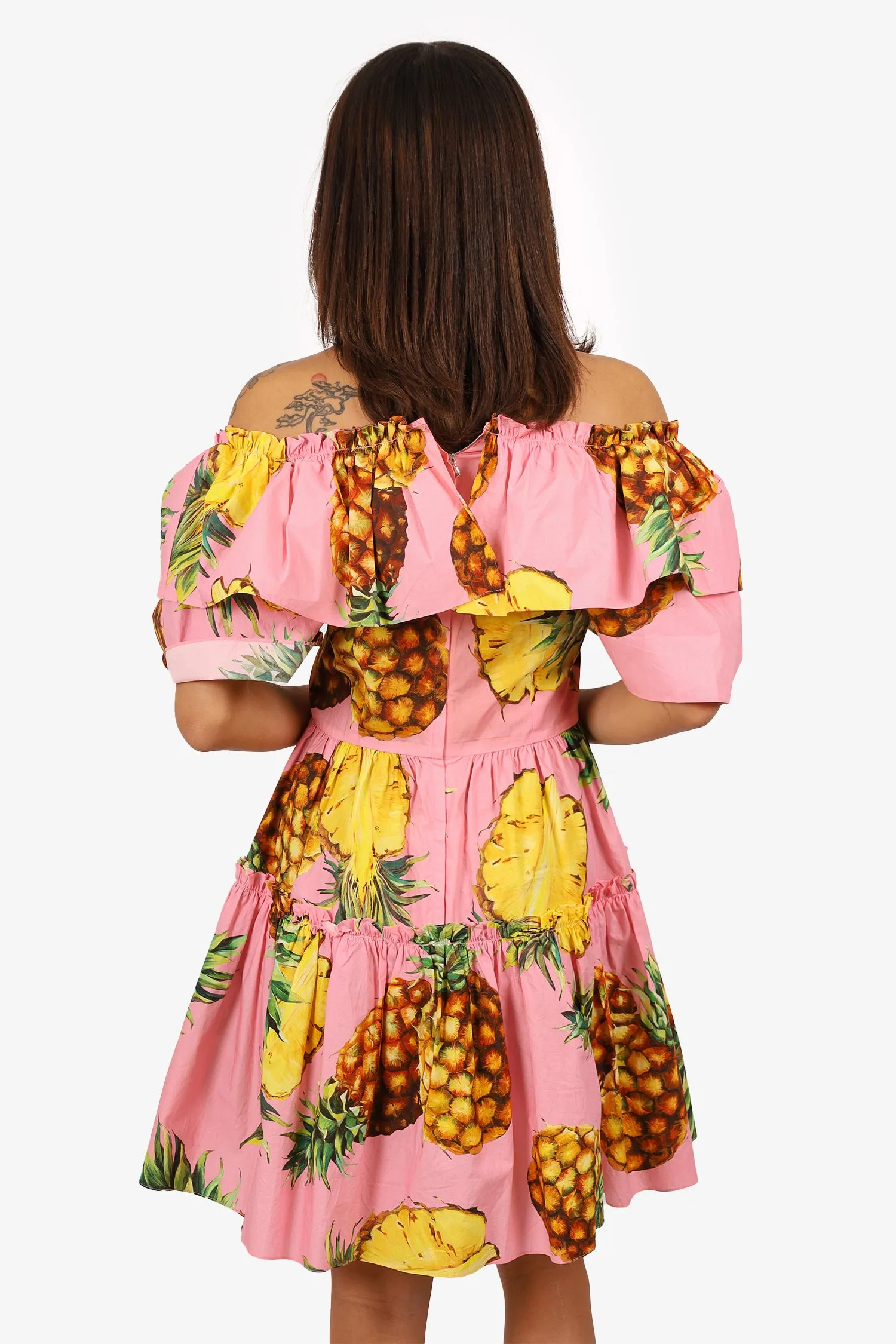 Dolce & Gabbana Robe à manches volantées imprimée ananas rose/jaune taille 40